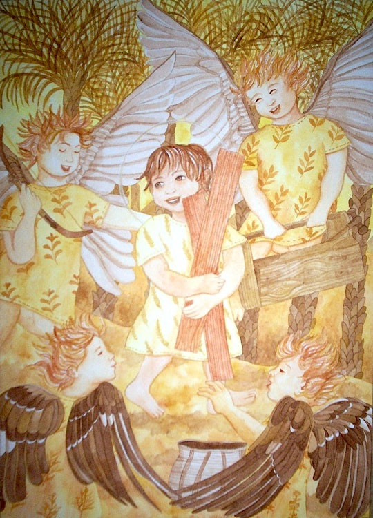 Watercolour by Filipino Artist Jill Arwen Posadas entitled Apprentice to Joseph