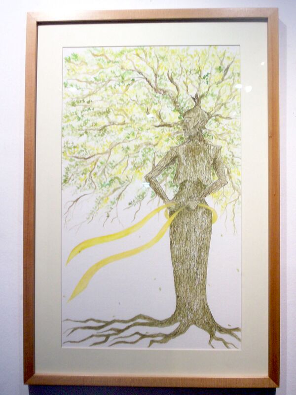 Watercolour by Filipino Artist Jill Arwen Posadas entitled Old Oak Tree Tying Yellow Ribbon