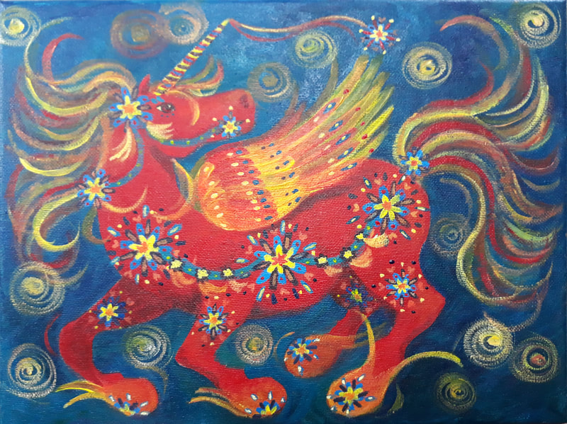 Acrylic on Canvas by Filipino Artist Jill Arwen Posadas entitled Untitled Tiny Horse Red