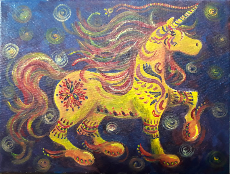 Acrylic on Canvas by Filipino Artist Jill Arwen Posadas entitled Untitled Tiny Horse Yellow